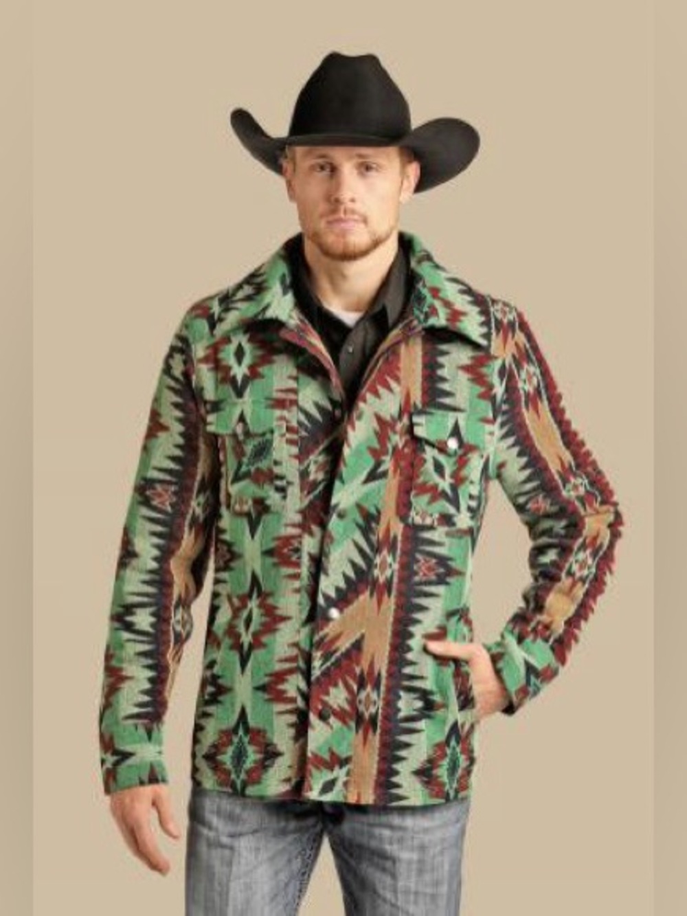 Powder River Outfitters Men's Aztec Southwest Commander Jacket - Green/Brown